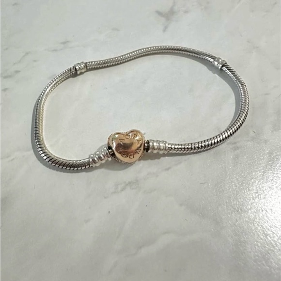 Pandora Silver Bracelet with Rose Gold Heart Pavé Charm WITH 2 CLIP CHARMS - Picture 3 of 4
